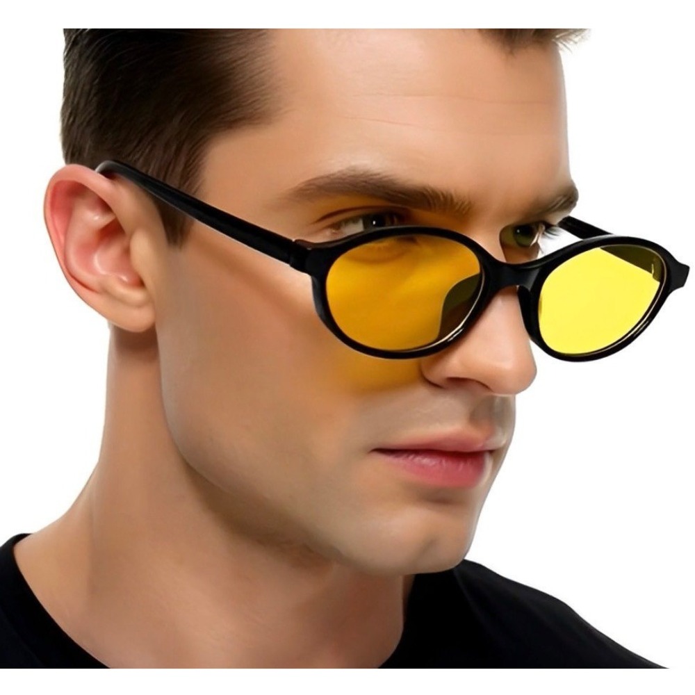 Black Oval Sunglasses Yellow Tint Lens Men Fashion Eyewear Small Trendy Lentes